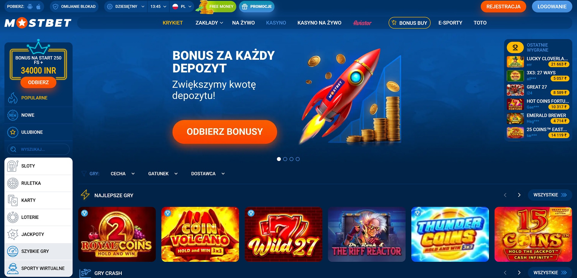 Strona główna Mostbet Casino z ofertą gier i promocji dla graczy z Polski